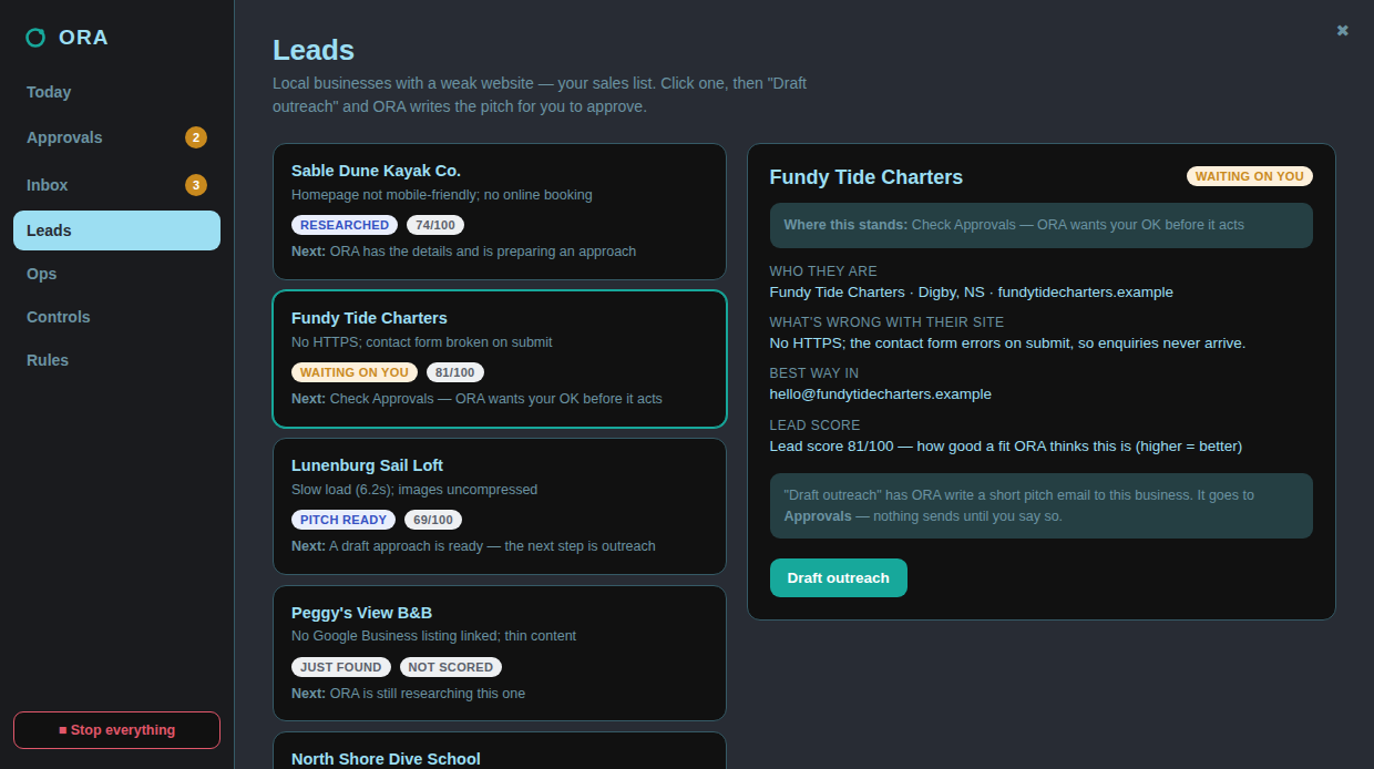 The ORA Leads tab: staged synthetic businesses with a website defect, a plain status, a lead score, and the next step for each.
